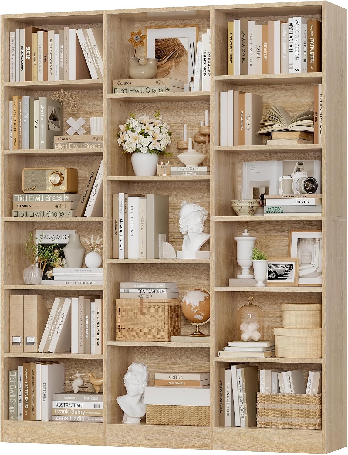 Light Oak Triple Wide 6-Tier Open Bookshelf