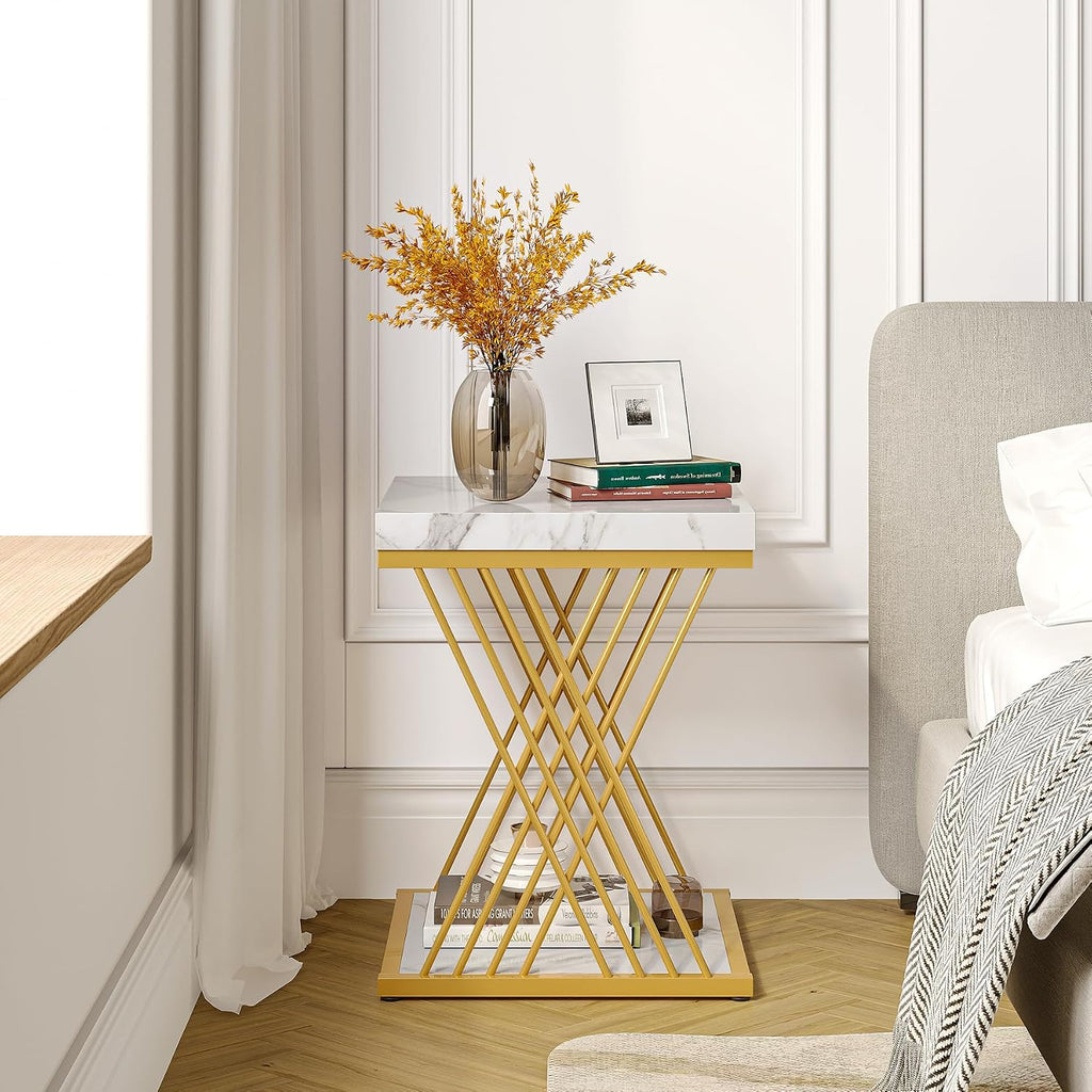 White Gold Marble Square Side Table
