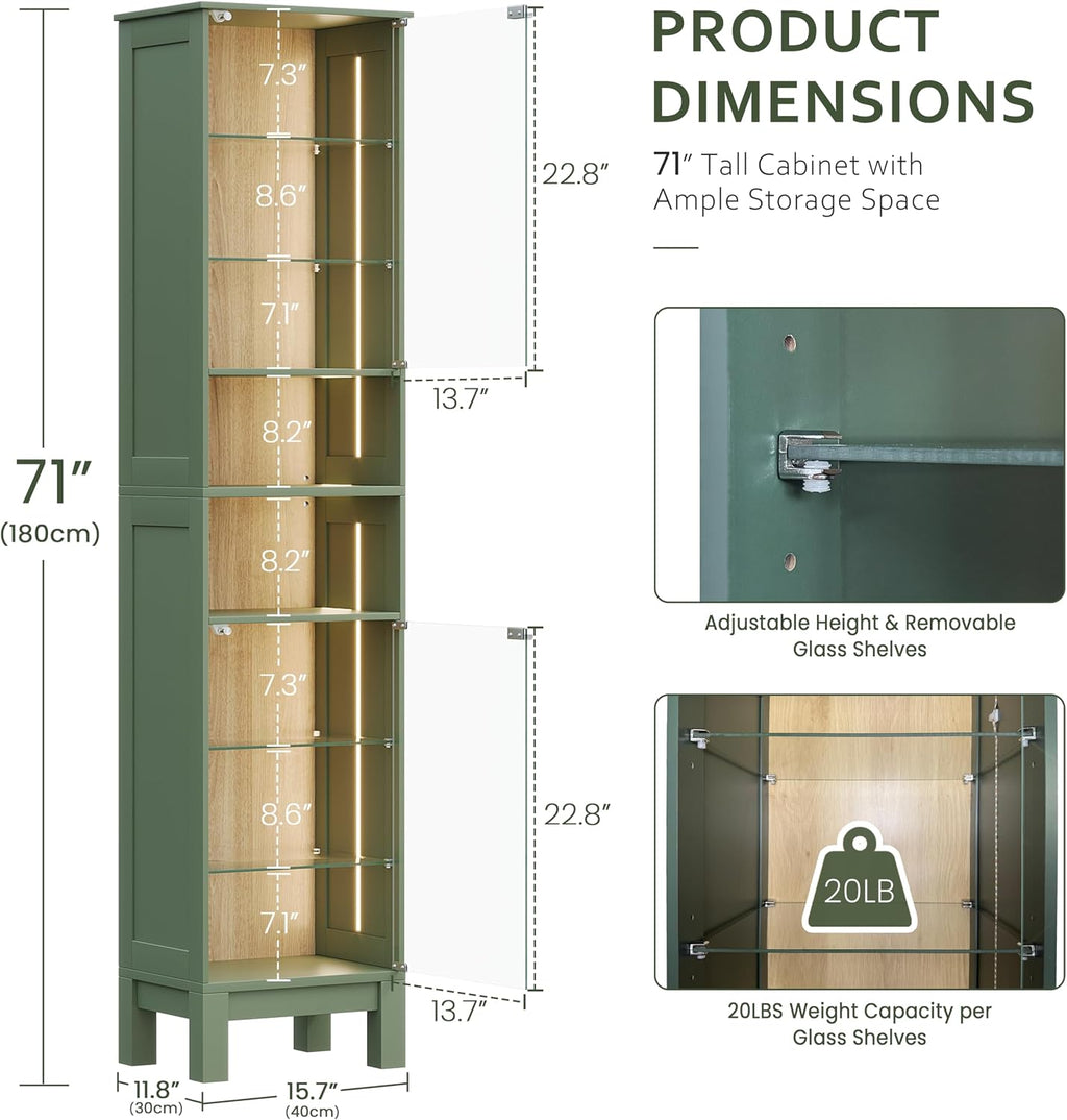 Green Oak Tall LED Narrow Glass Display Cabinet
