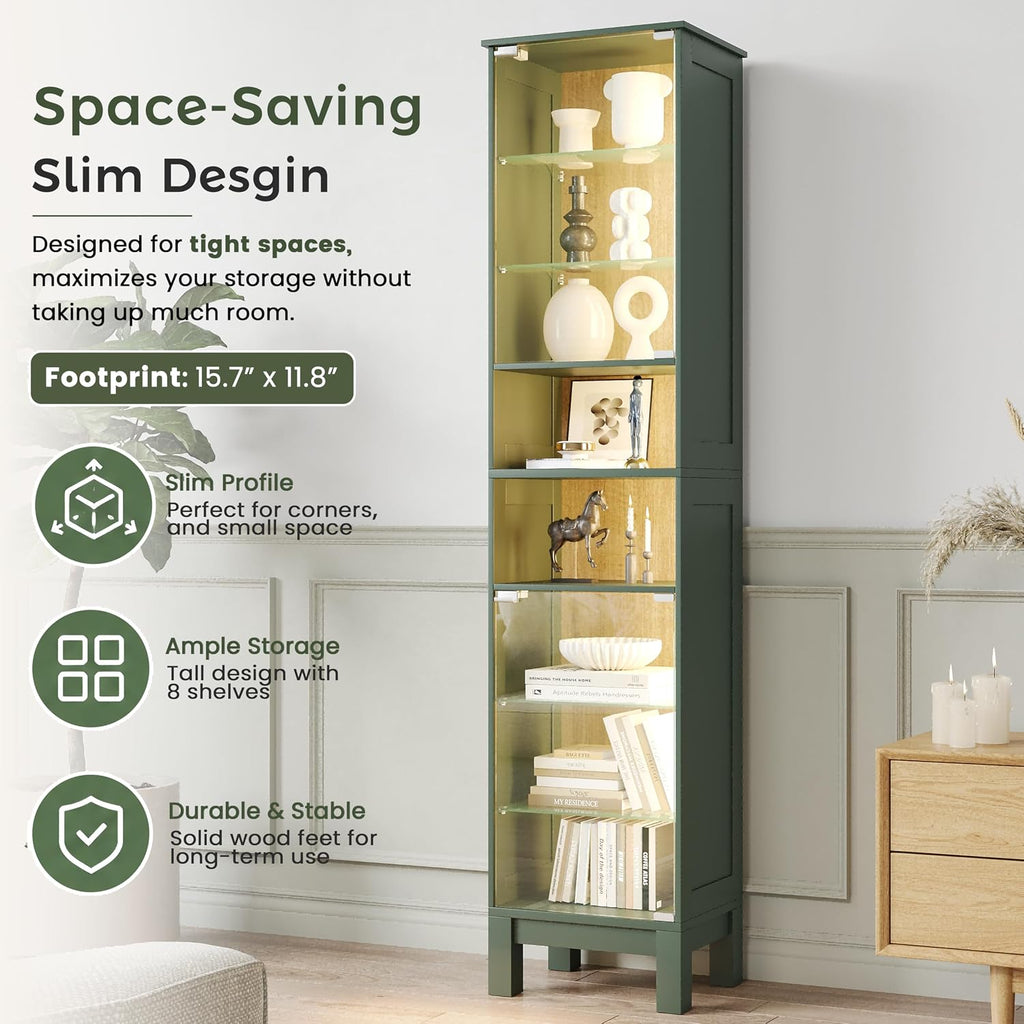 Green Oak Tall LED Narrow Glass Display Cabinet
