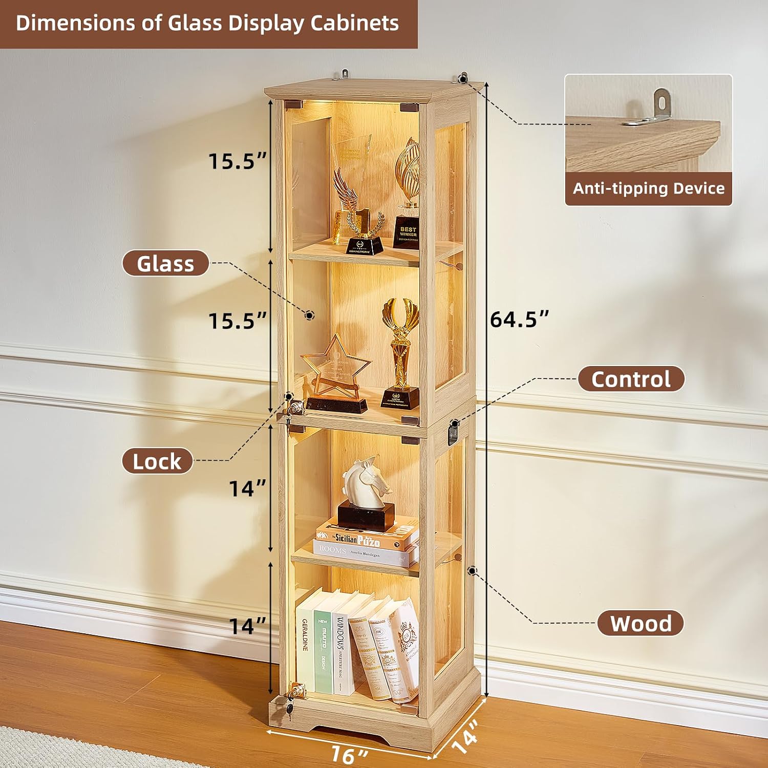 Natural Farmhouse Lockable Glass Display Cabinet
