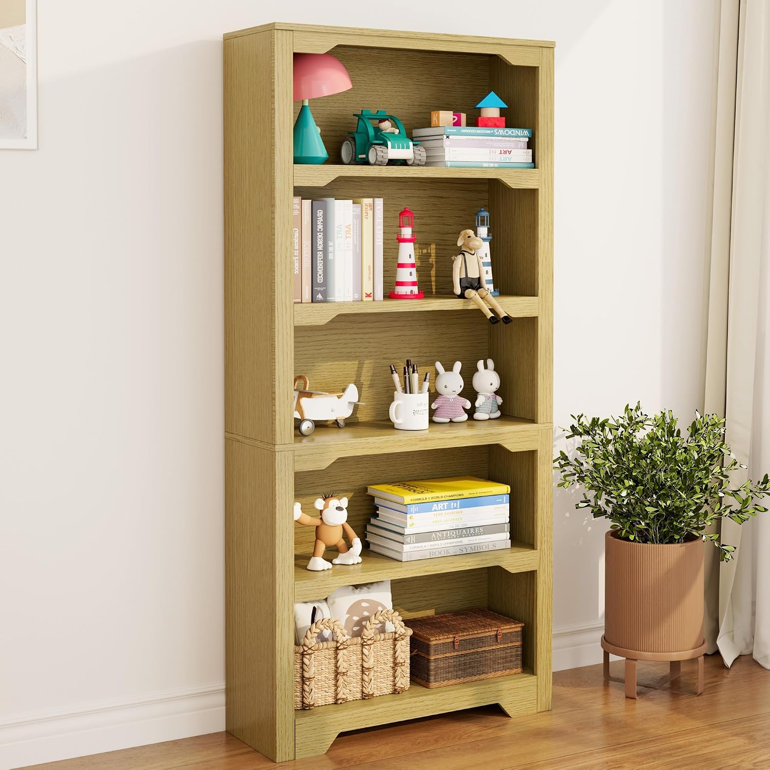 White Oak Modern 5-Tier Open Bookshelf