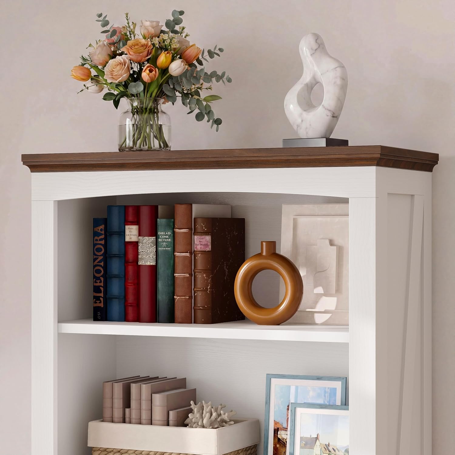 White Farmhouse Bookshelf with Brown Wood Top