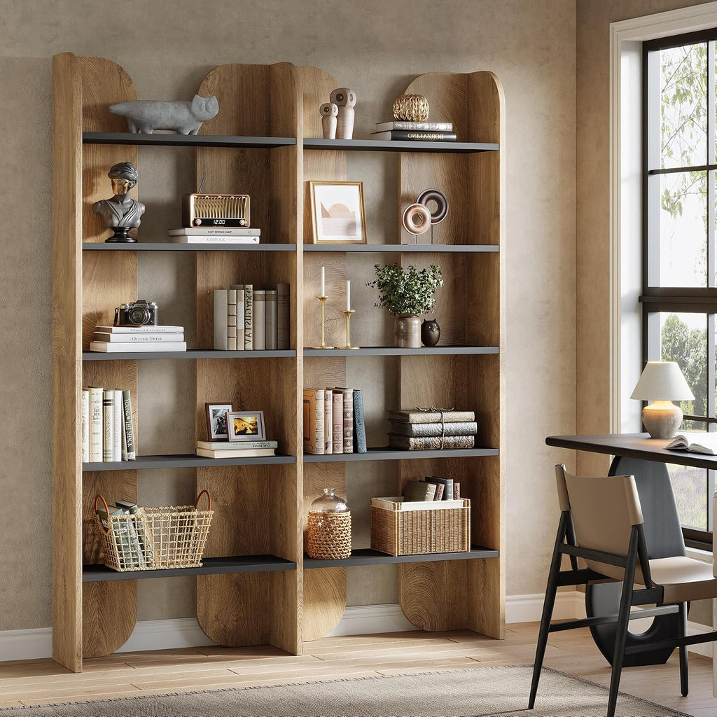 Brown Black Double Wide Farmhouse 5-Tier Bookshelf
