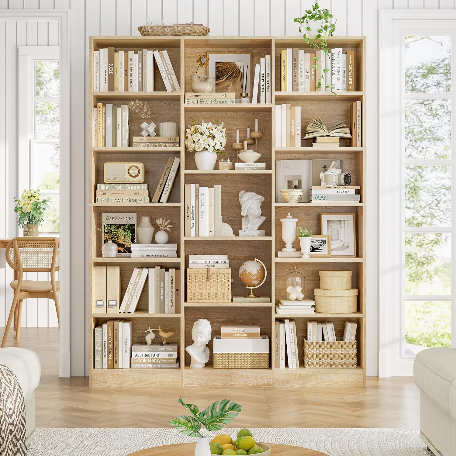 Light Oak Triple Wide 6-Tier Open Bookshelf
