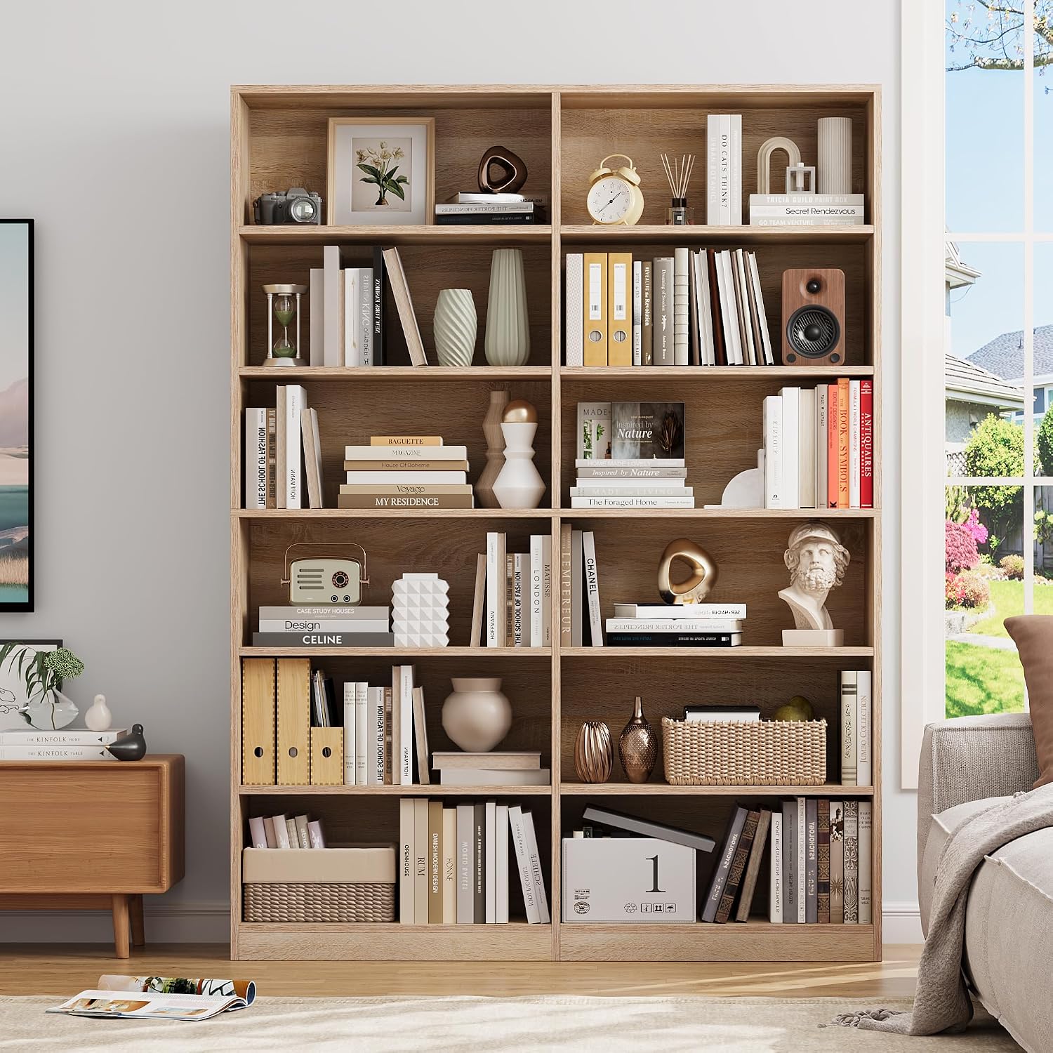 Light Oak Double Wide 6-Tier Bookshelf