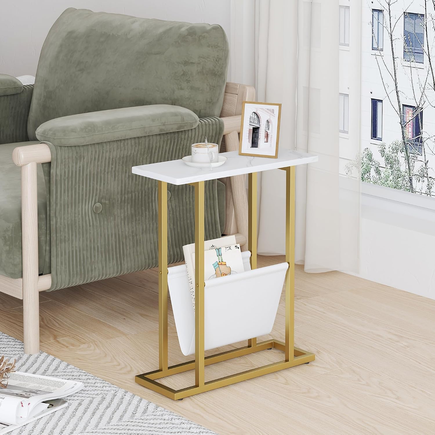 Gold White Slim Storage Side Table