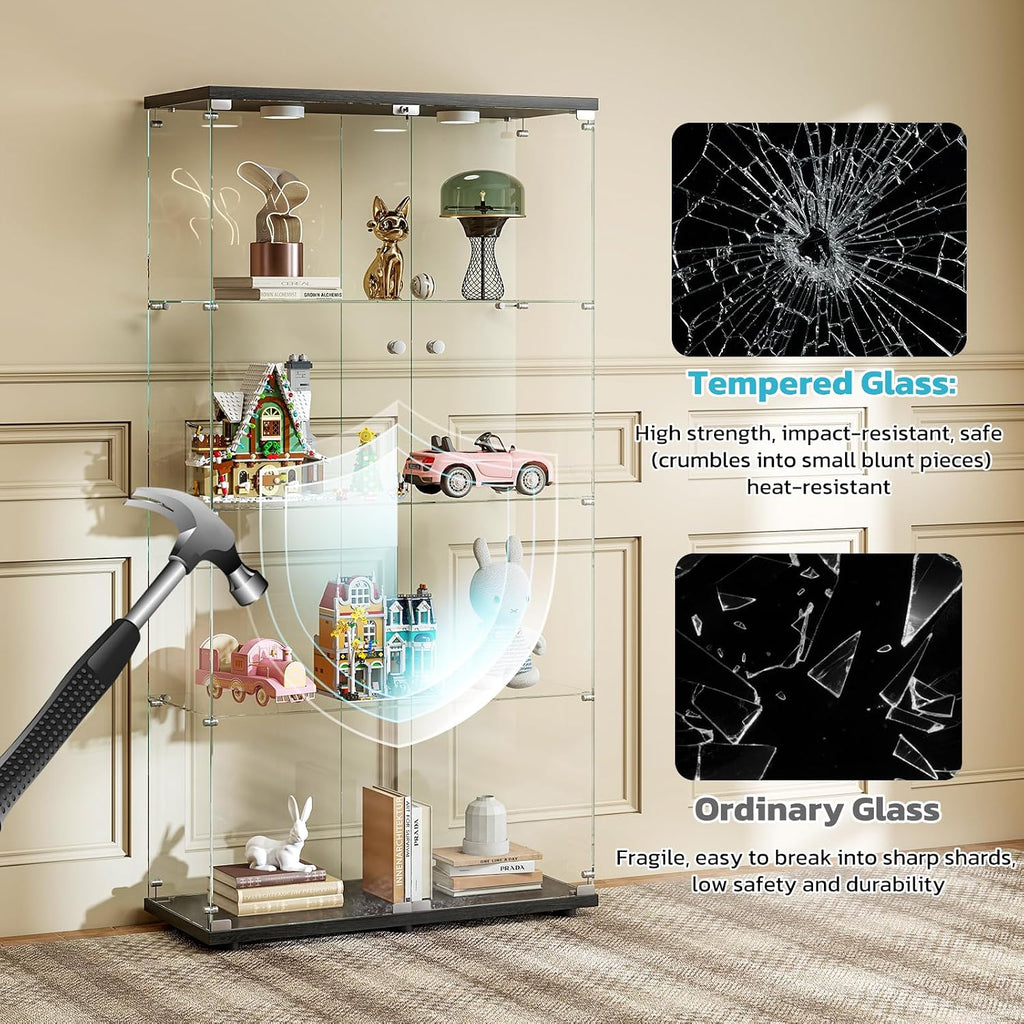 Black Double Door LED Lockable Glass Display Cabinet