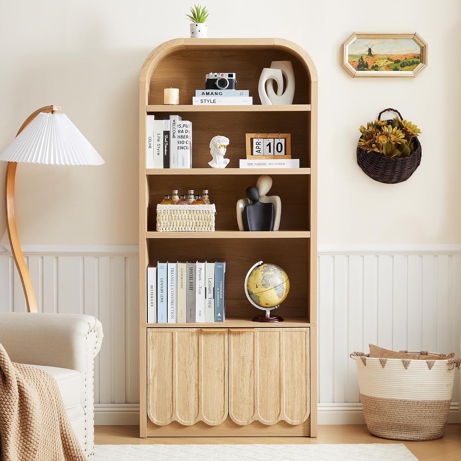 Natural 2-Piece Arched Gold Handle Storage Bookshelf