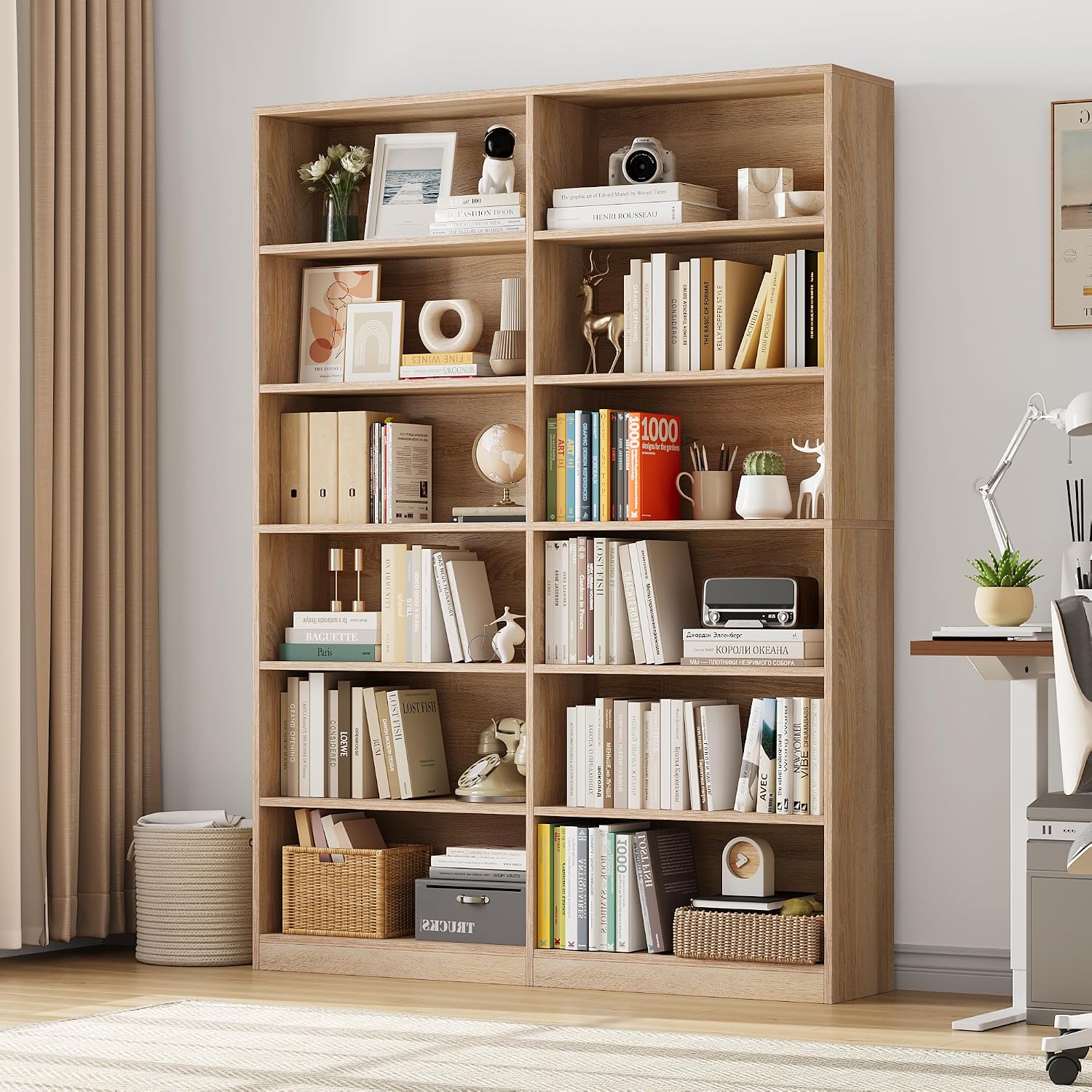 Light Oak Double Wide 6-Tier Bookshelf