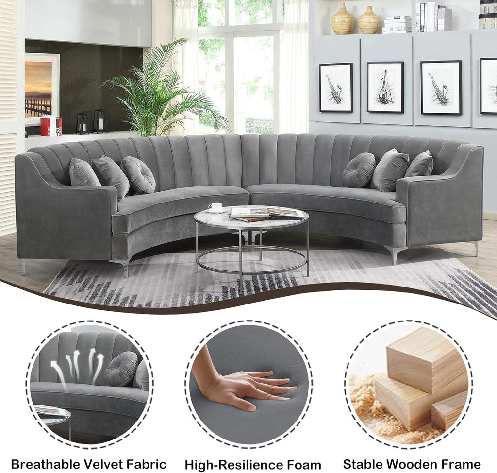 Grey Velvet Arc Cloud Curved Sofa
