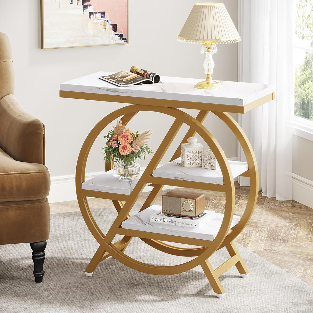 Gold White 3-Tier Marble Storage Side Table