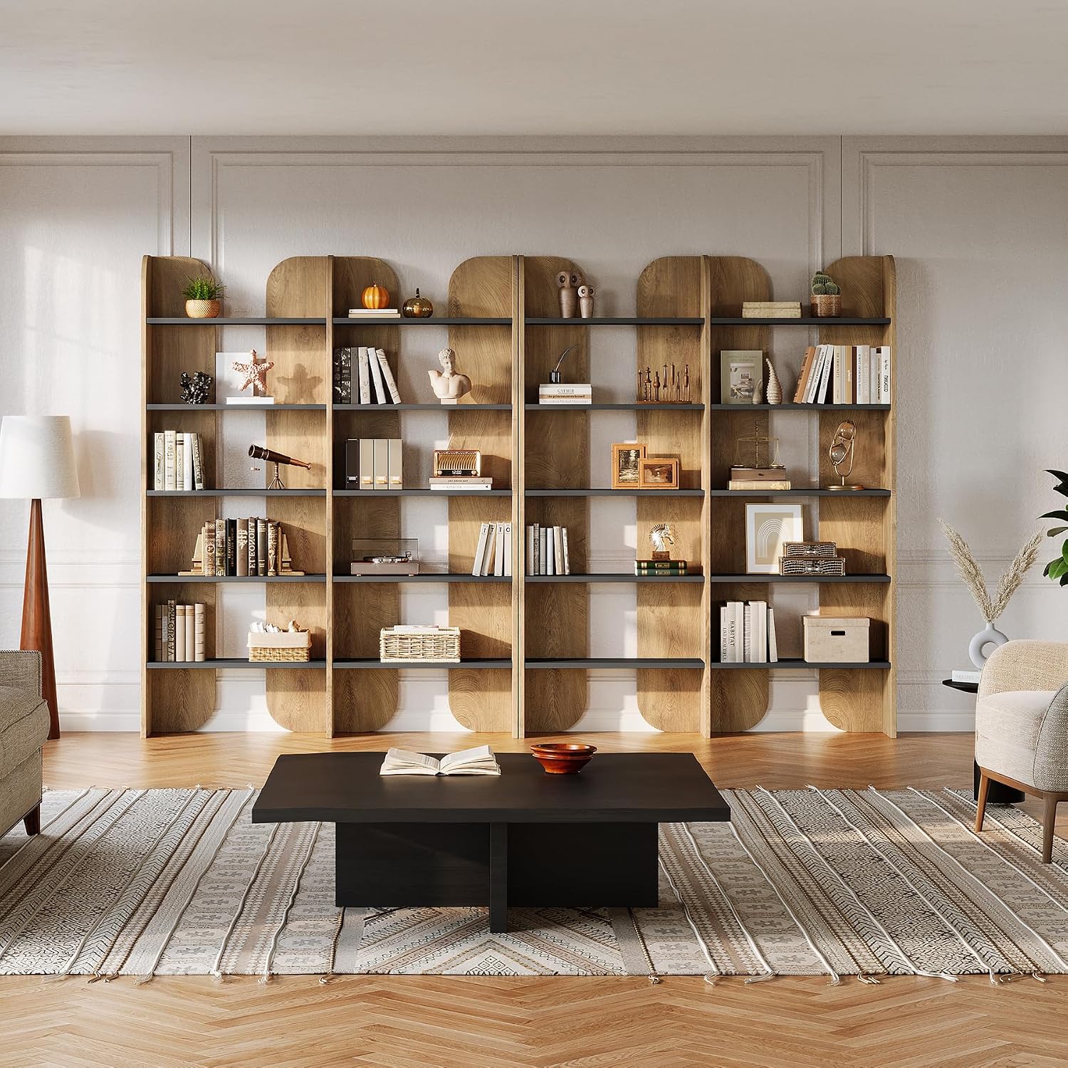 Brown Black Double Wide Farmhouse 5-Tier Bookshelf