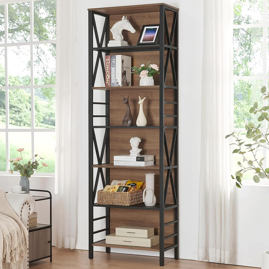 Vintage Brown Industrial 7-Tier Wood Metal Bookshelf