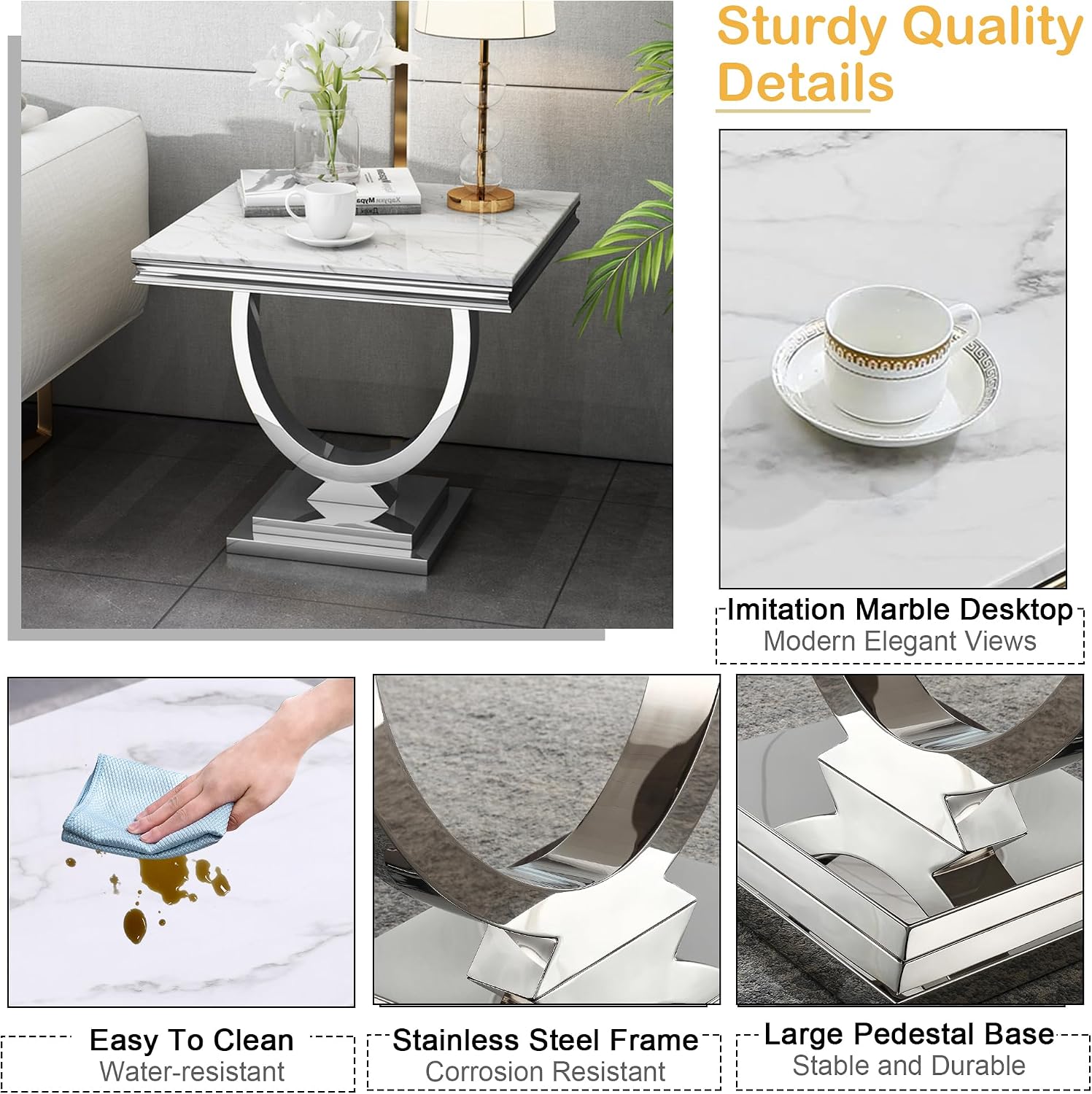 White Marble Silver Pedestal Side Table