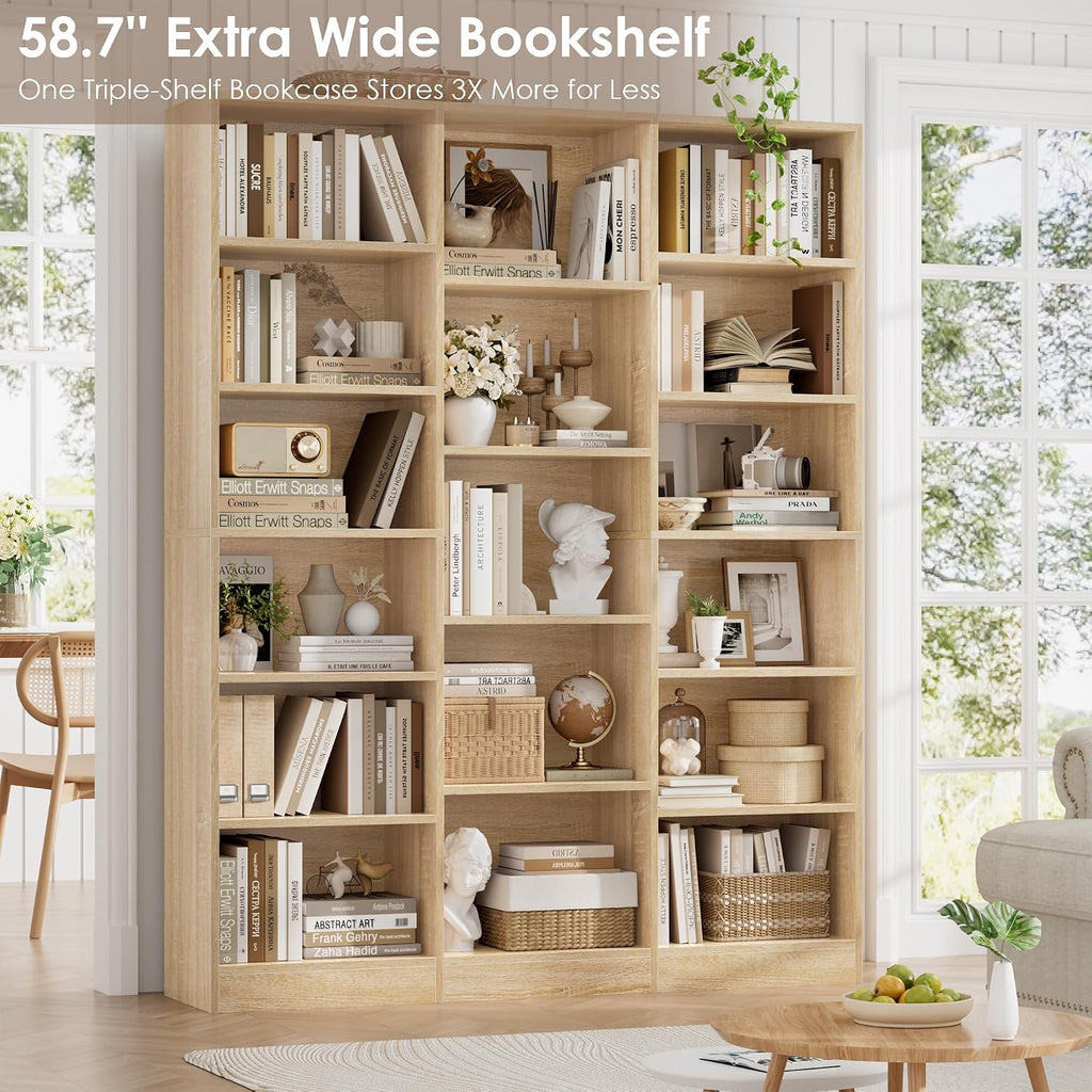Light Oak Triple Wide 6-Tier Open Bookshelf
