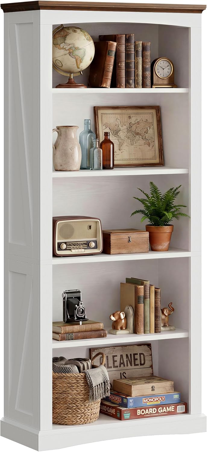 White Farmhouse Bookshelf with Brown Wood Top