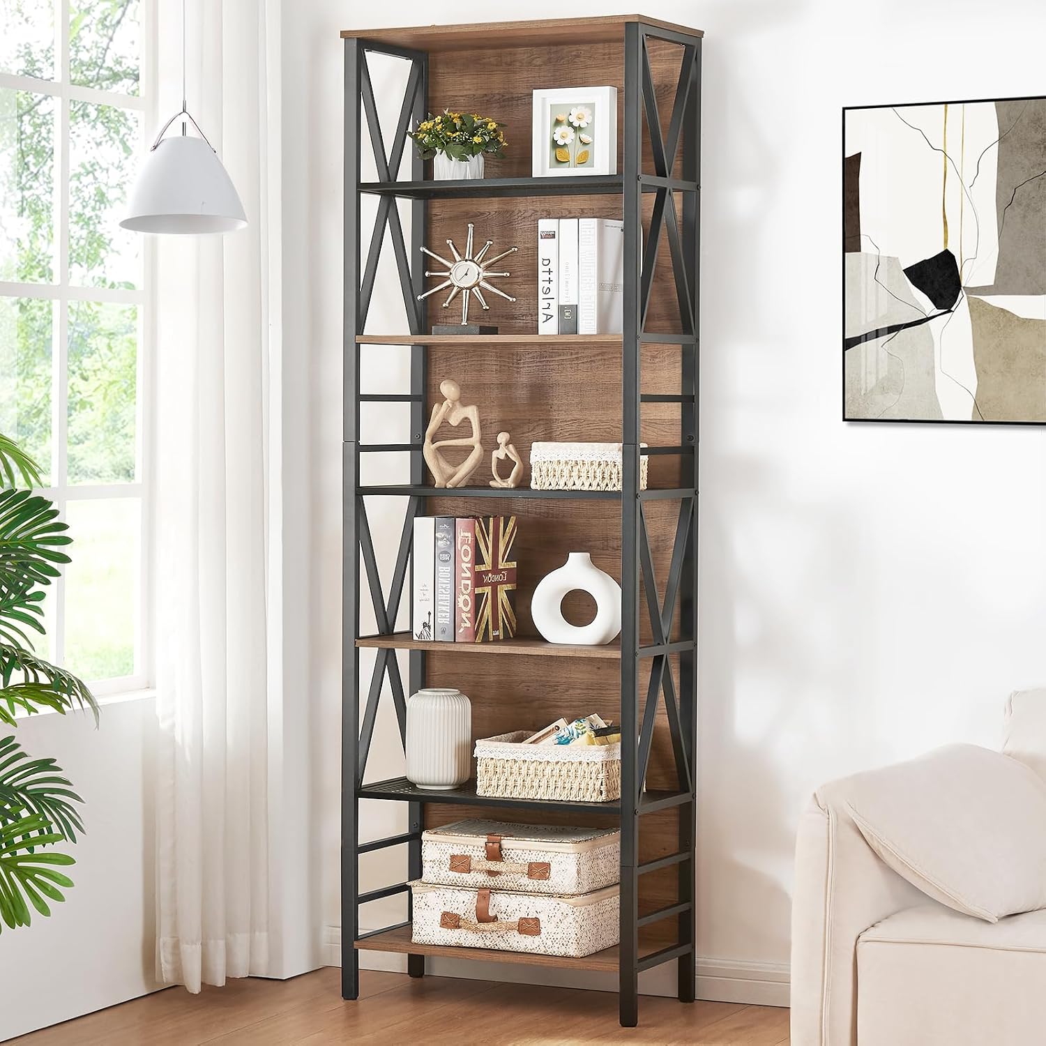 Vintage Brown Industrial 7-Tier Wood Metal Bookshelf