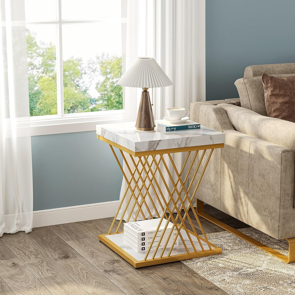 White Gold Marble Square Side Table