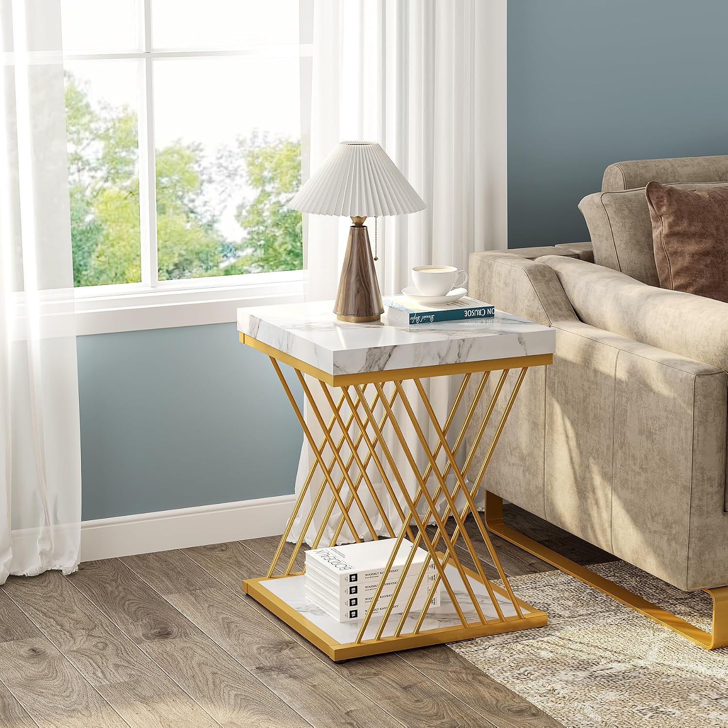 White Gold Marble Square Side Table