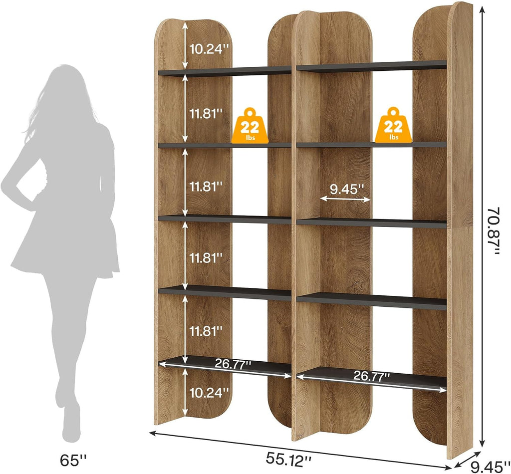 Brown Black Double Wide Farmhouse 5-Tier Bookshelf