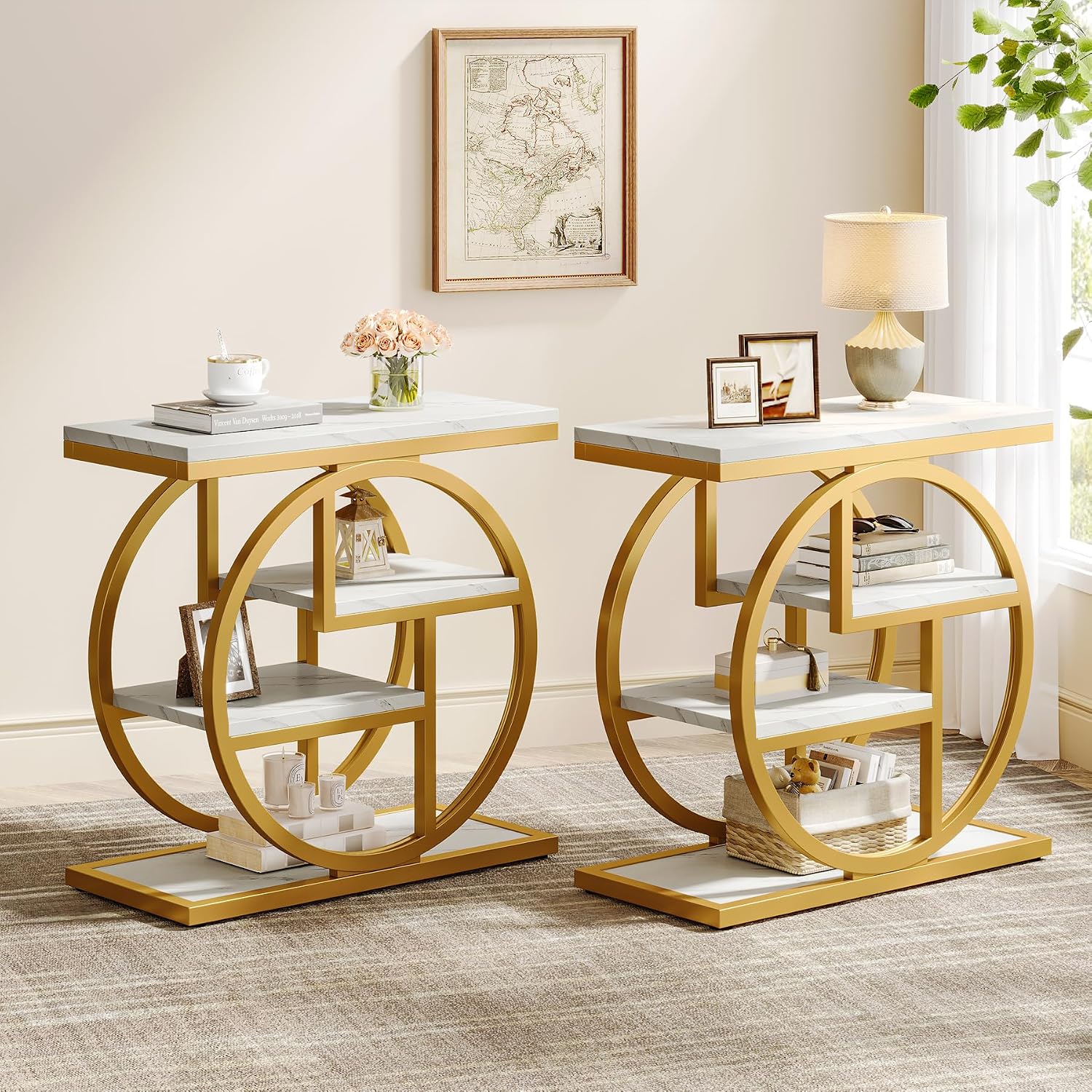 White Gold Marble Narrow End Table Set
