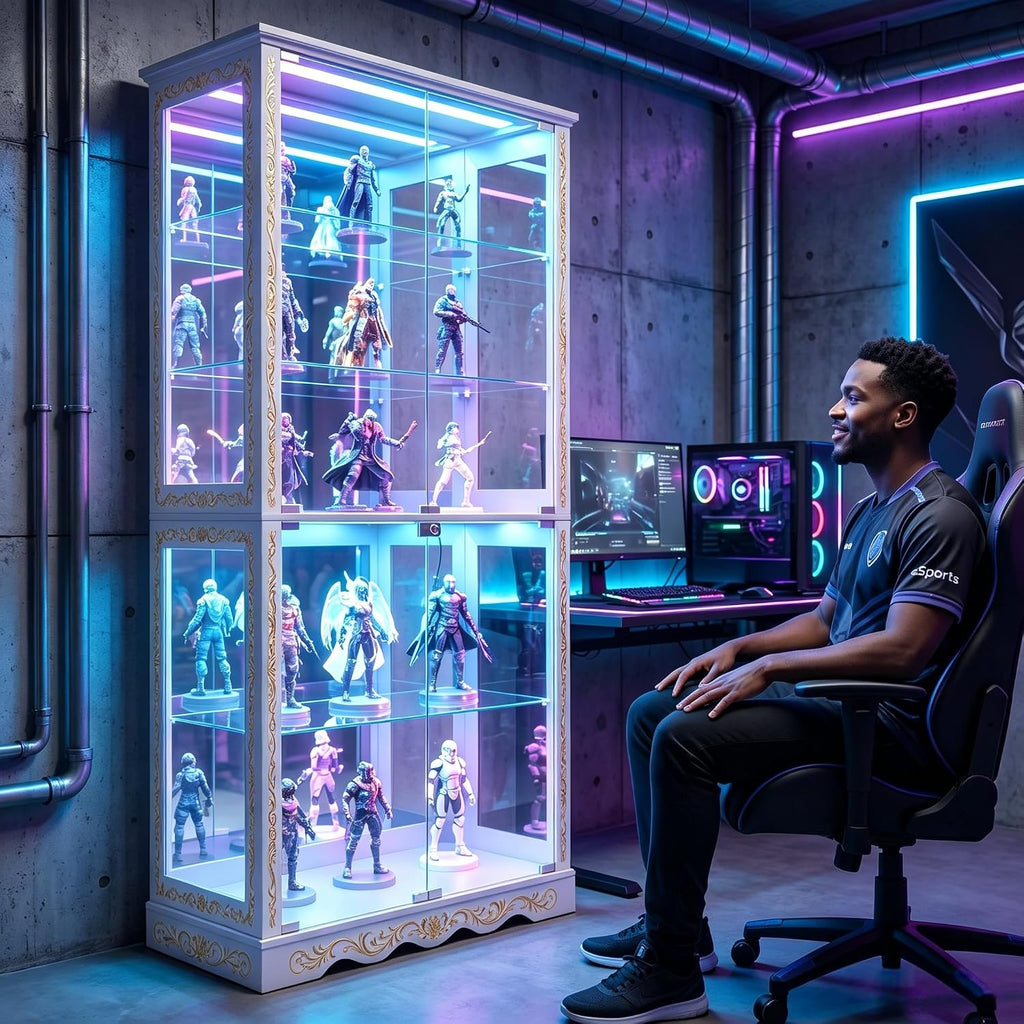 White Tall RGB Lockable Glass Display Cabinet