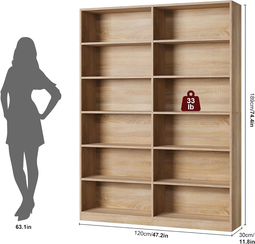 Light Oak Double Wide 6-Tier Bookshelf