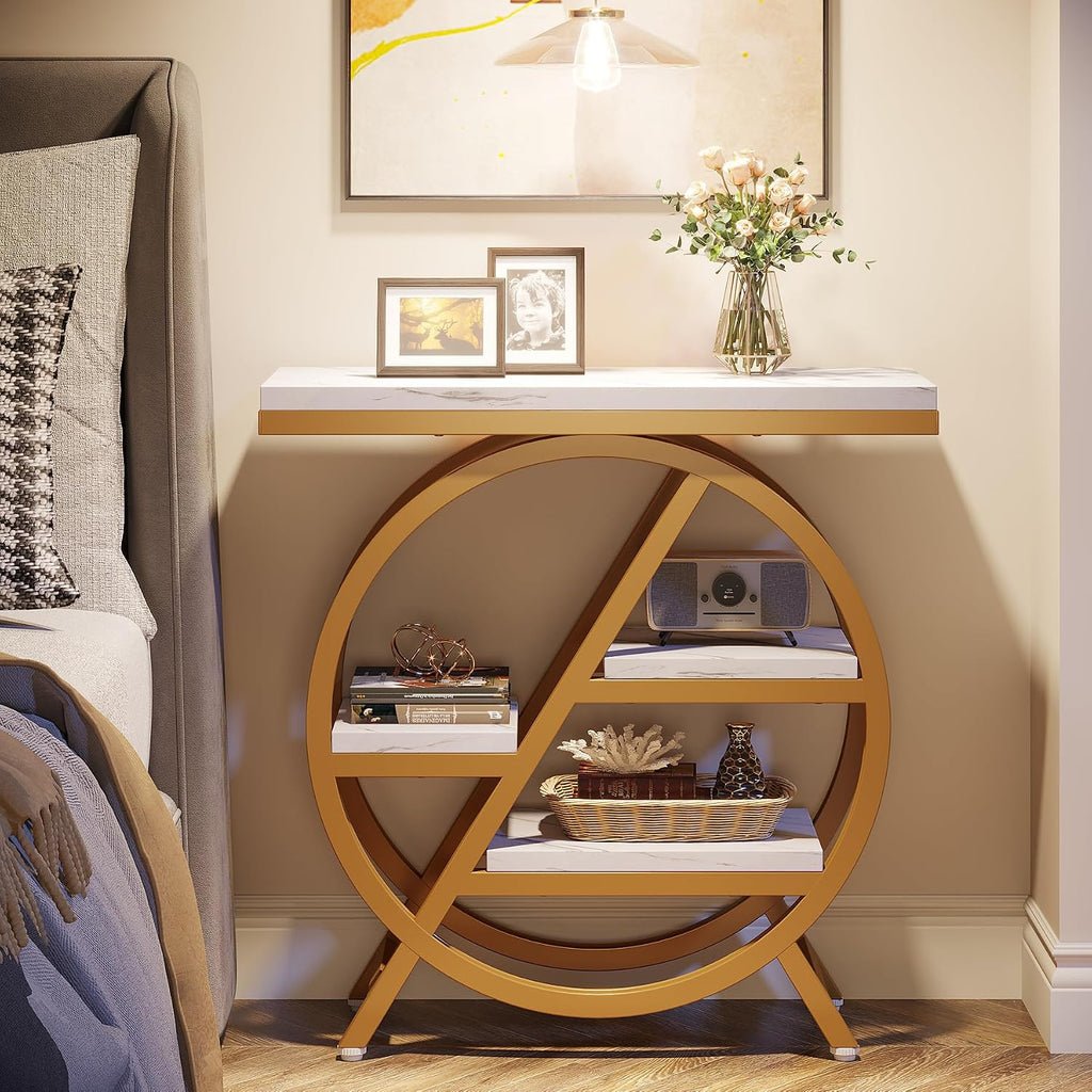 Gold White 3-Tier Marble Storage Side Table