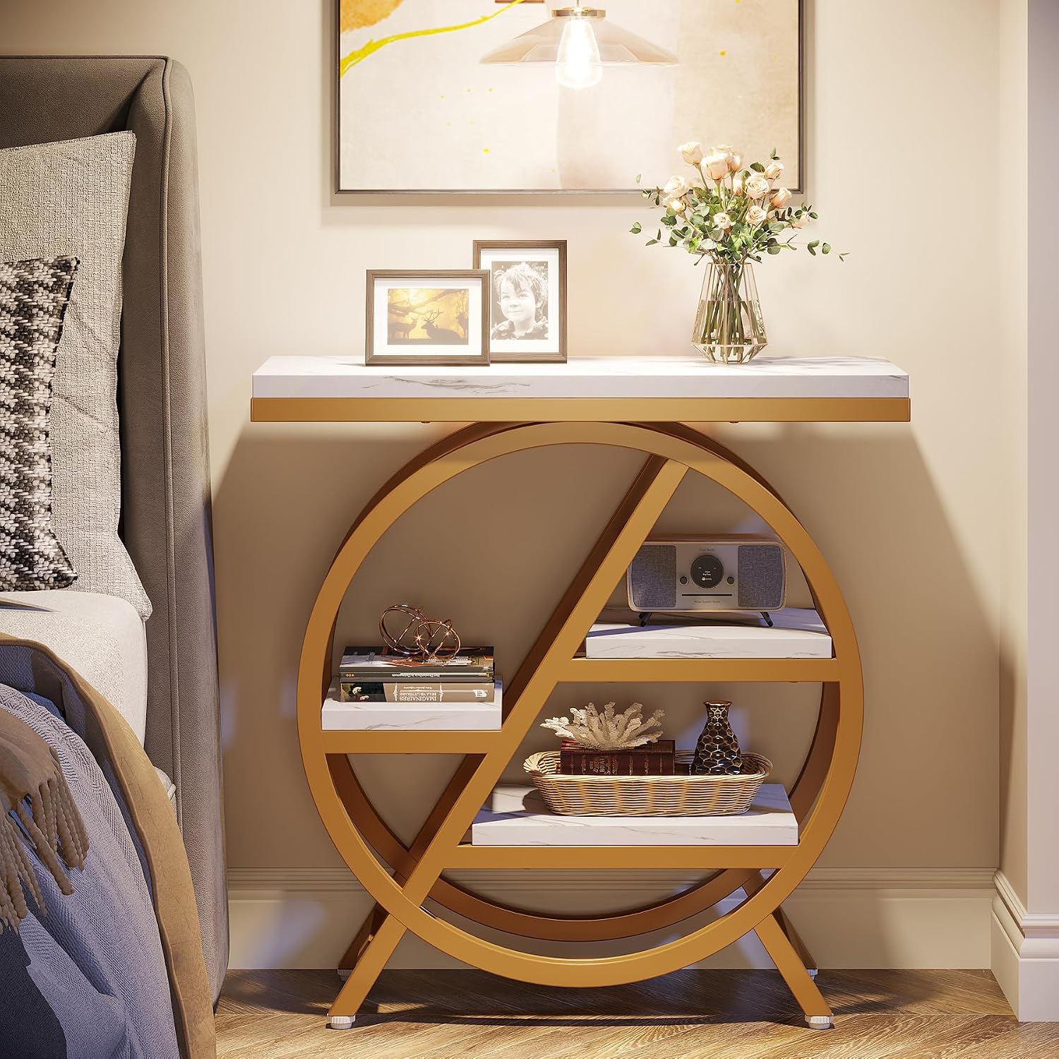Gold White 3-Tier Marble Storage Side Table