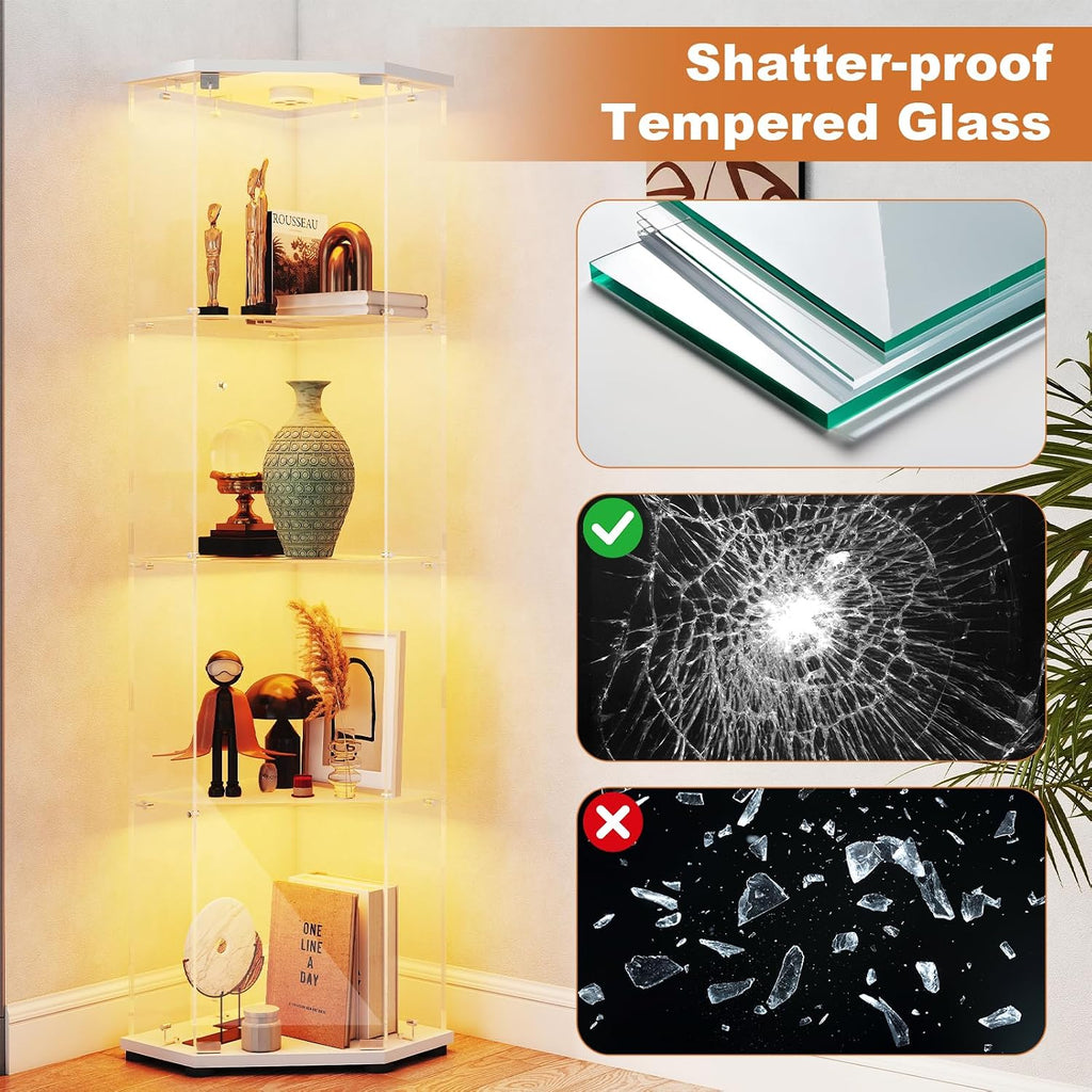 White LED Corner Lockable Glass Display Cabinet
