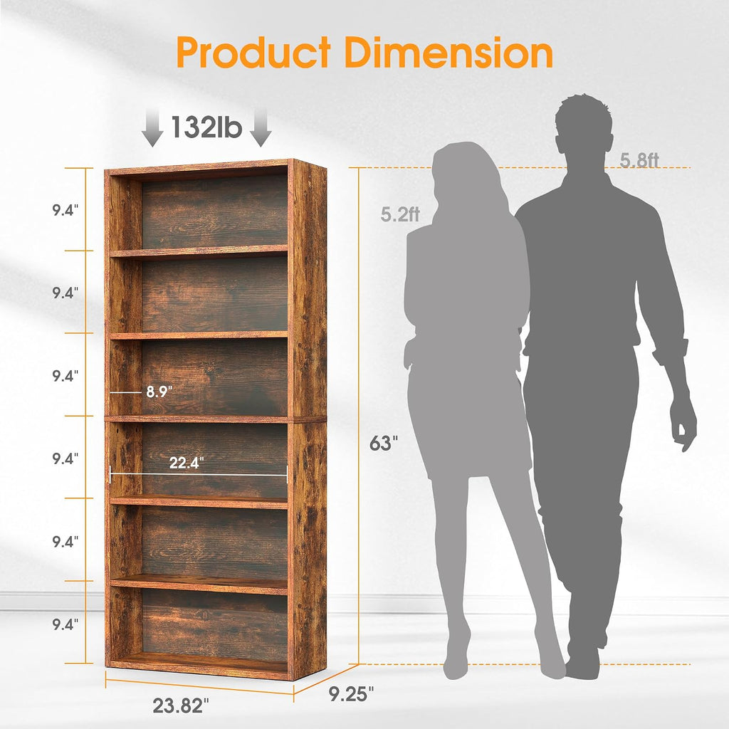 Rustic Brown Industrial 6-Tier Tall Open Bookshelf