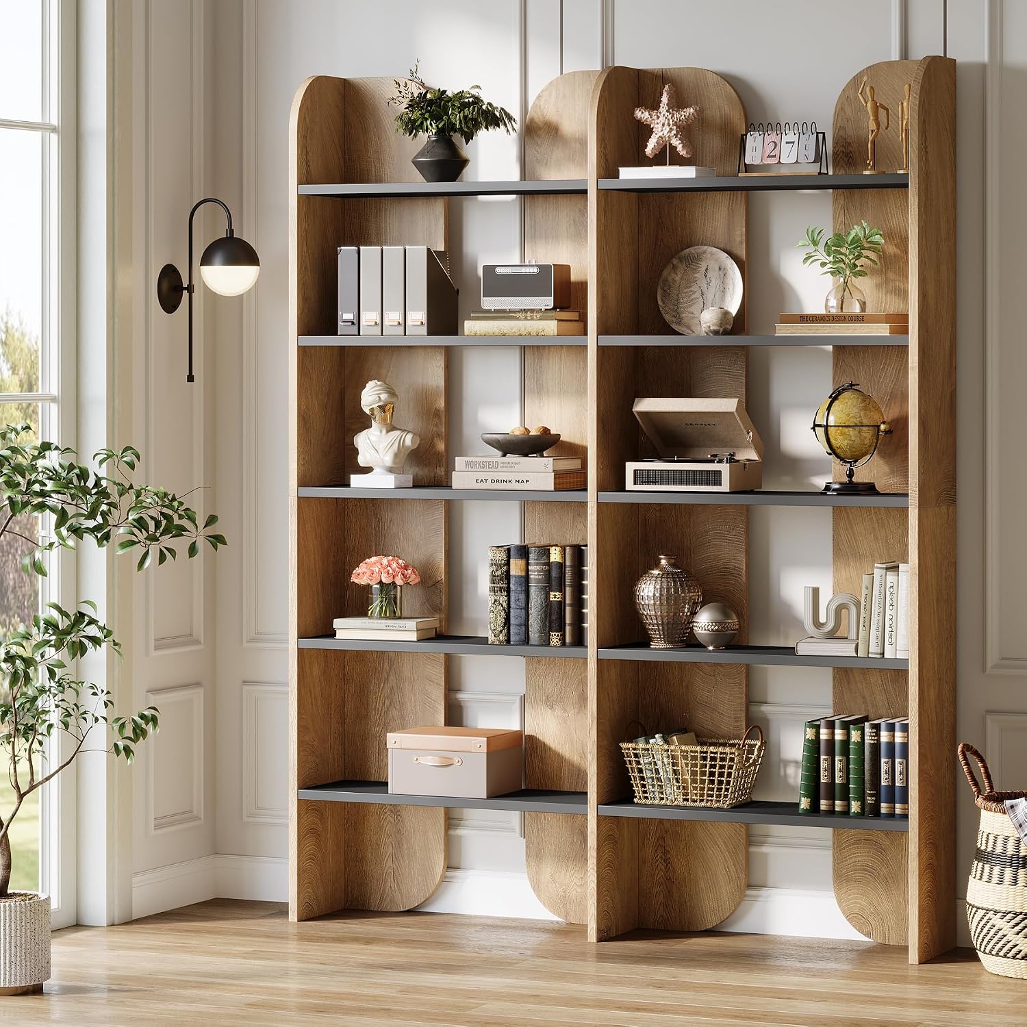 Brown Black Double Wide Farmhouse 5-Tier Bookshelf