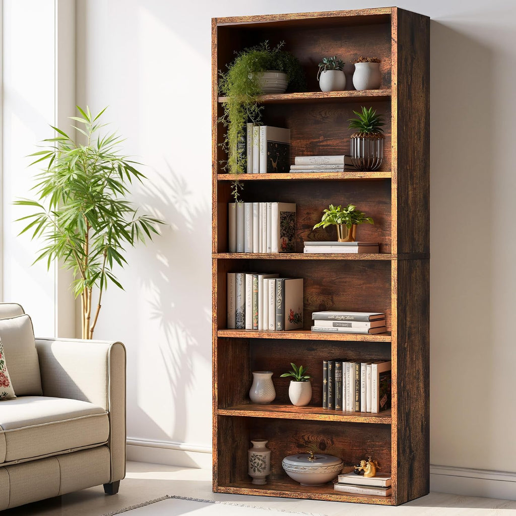 Rustic Brown Industrial 6-Tier Tall Open Bookshelf