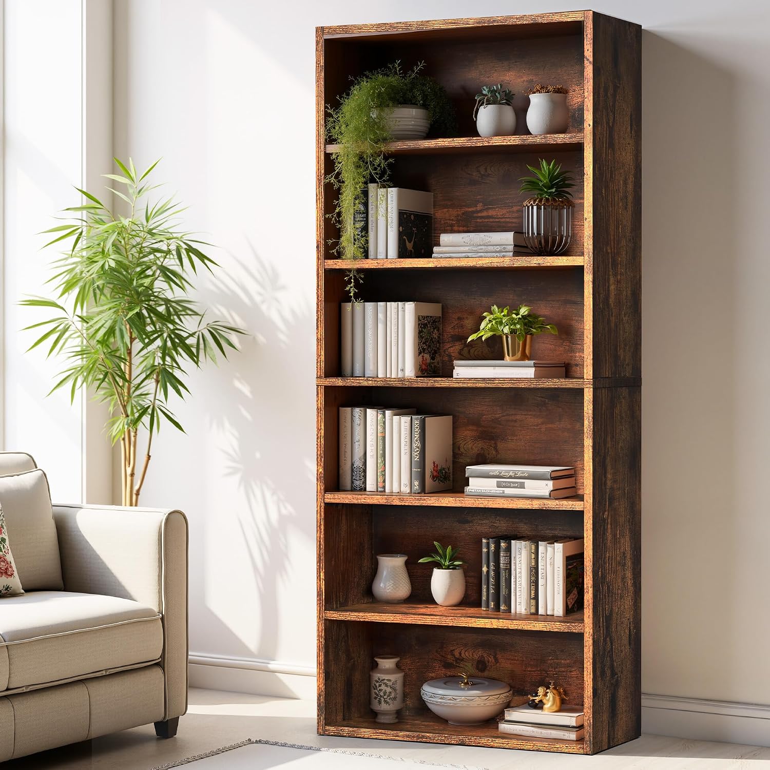 Rustic Brown Industrial 6-Tier Tall Open Bookshelf