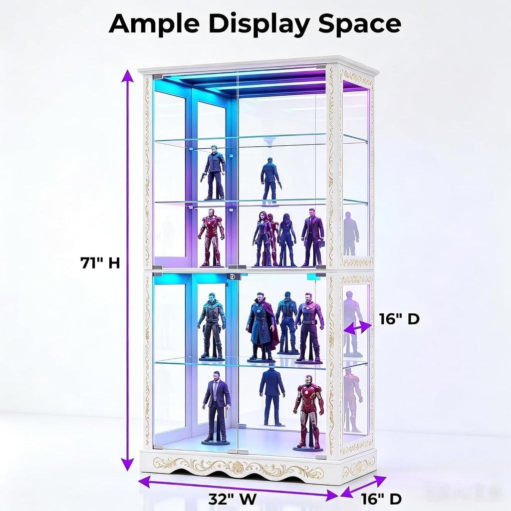 White Tall RGB Lockable Glass Display Cabinet