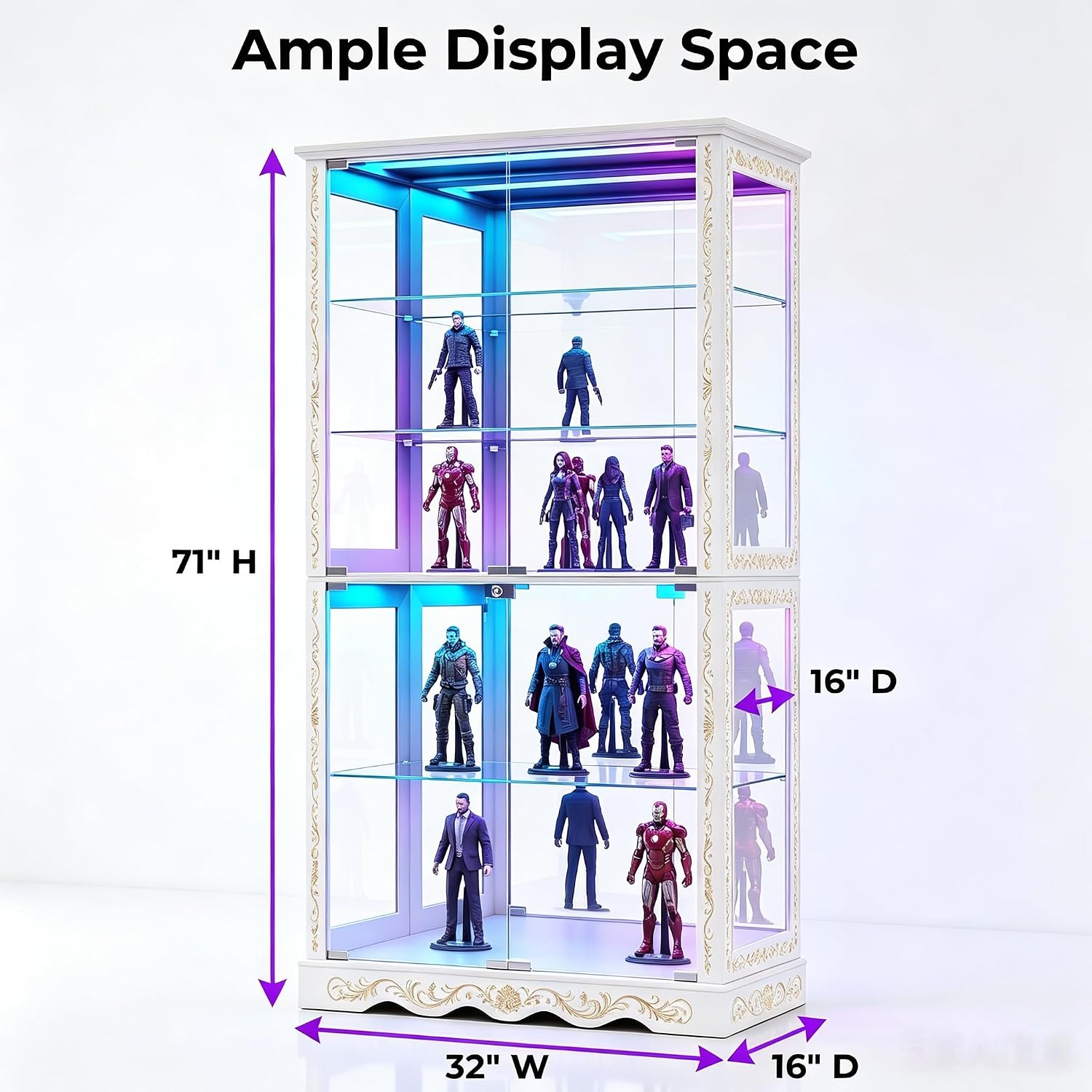 White Tall RGB Lockable Glass Display Cabinet
