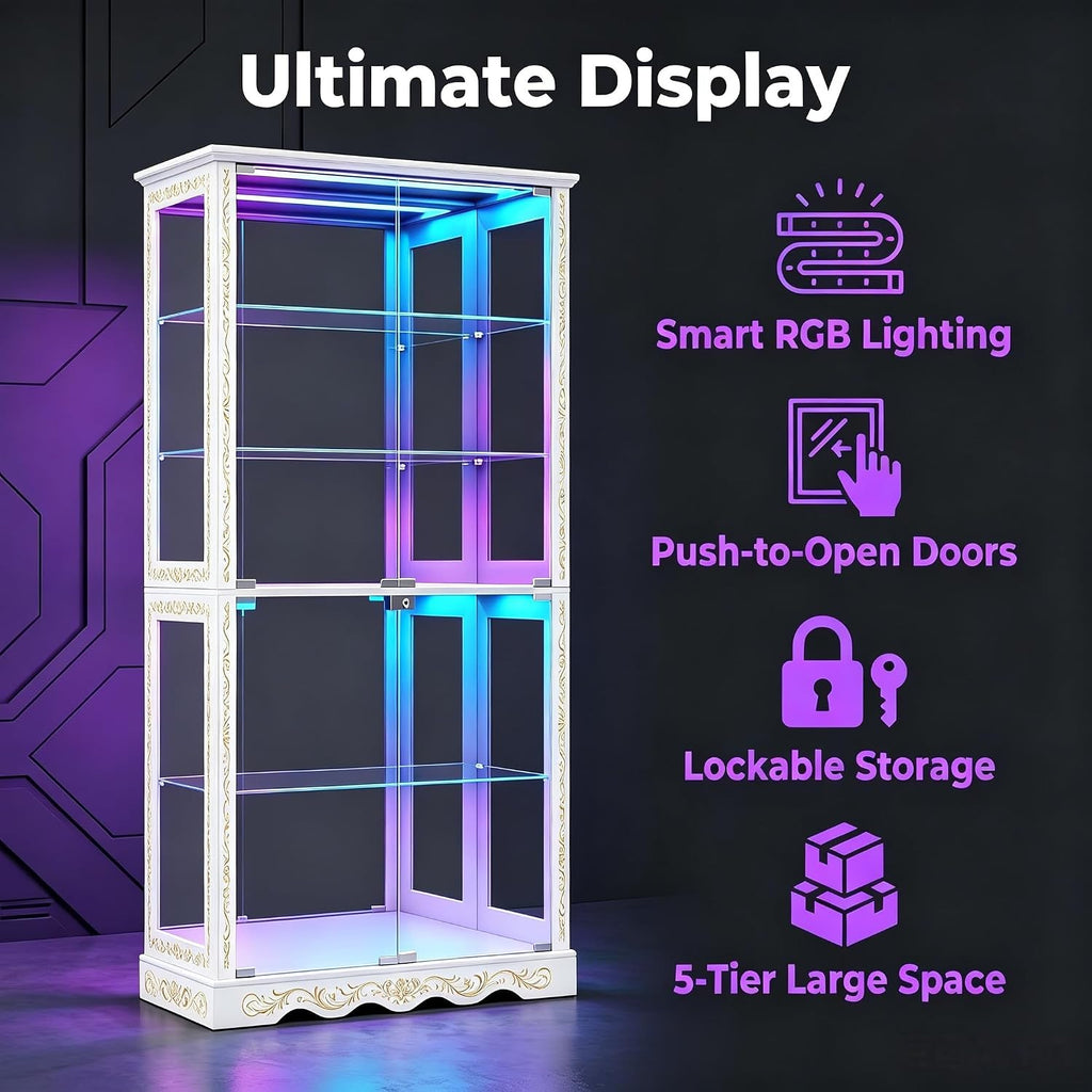 White Tall RGB Lockable Glass Display Cabinet