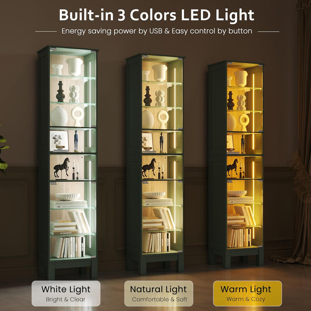 Green Oak Tall LED Narrow Glass Display Cabinet