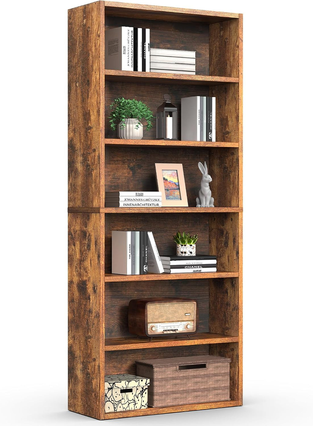 Rustic Brown Industrial 6-Tier Tall Open Bookshelf