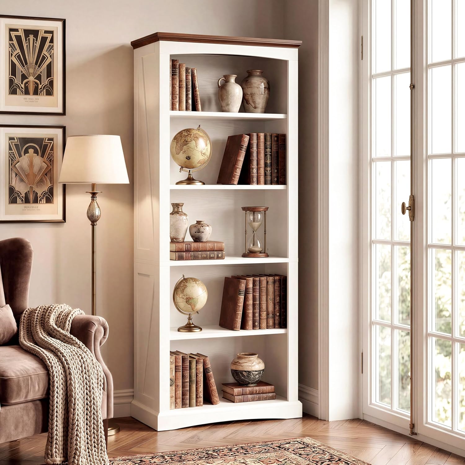 White Farmhouse Bookshelf with Brown Wood Top