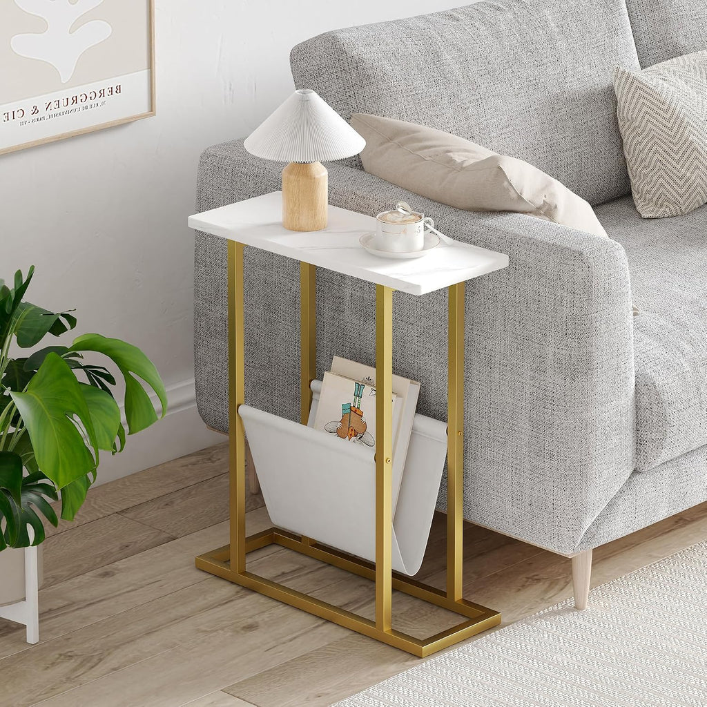 Gold White Slim Storage Side Table