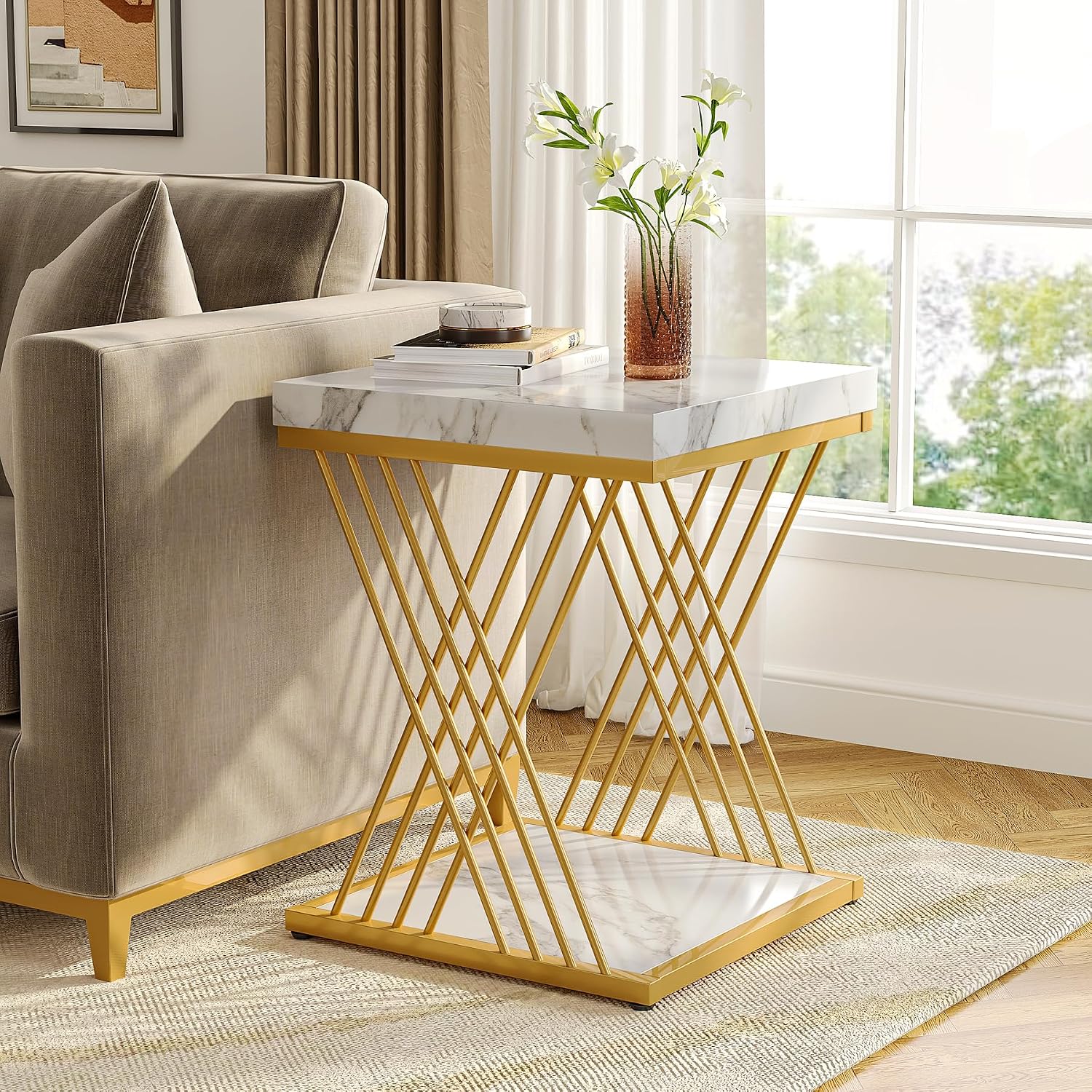 White Gold Marble Square Side Table