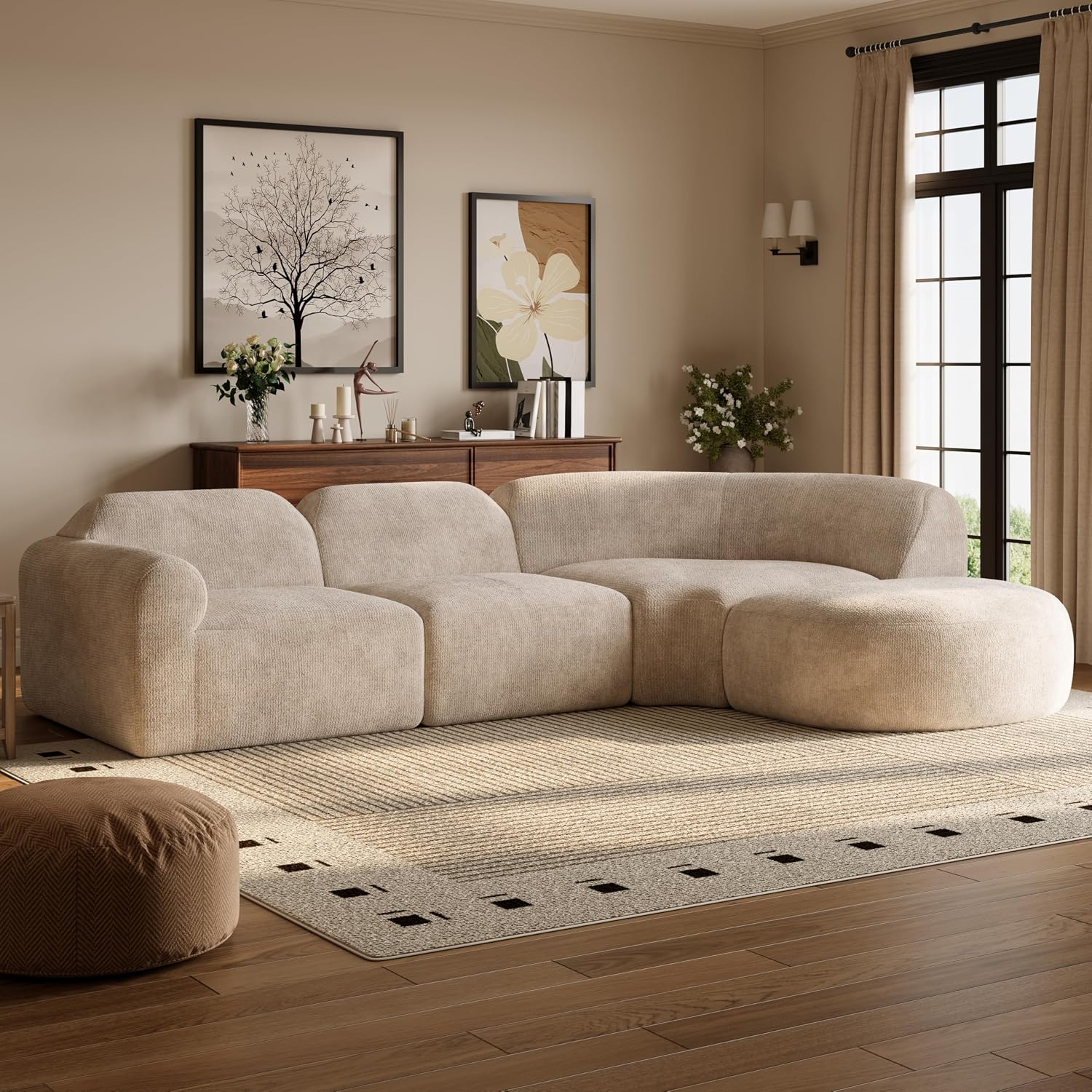 Espresso Curved Sofa Set with Ottoman