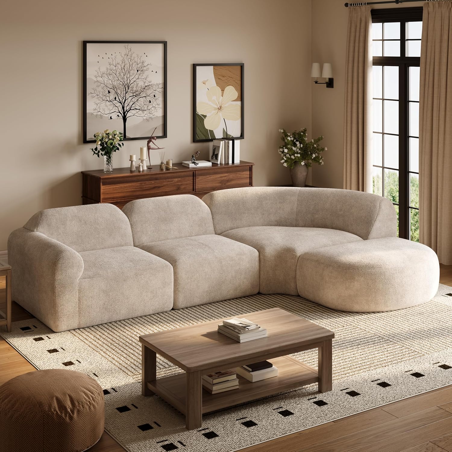 Espresso Curved Sofa Set with Ottoman