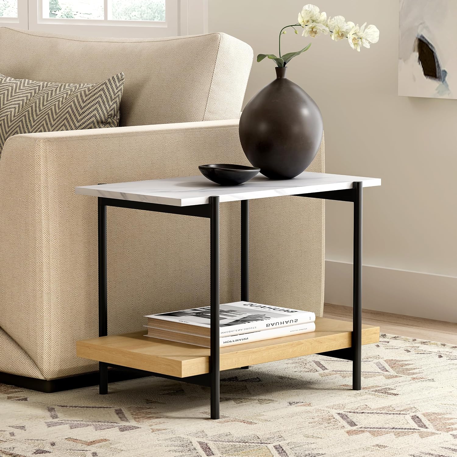 Oak Marble 2-Tier Side Table